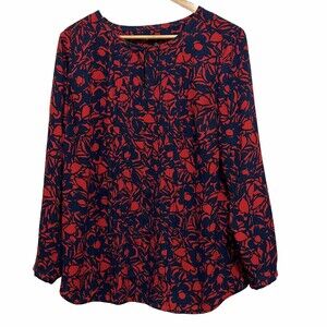Talbots Womens Floral Pintuck Blouse Sz X 12 14 Red Blue Long Sleeve Keyhole